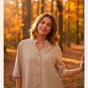 THE VERMONT COUNTRY STORE BEIGE KHAKI LINEN BUTTON DOWN LAGENLOOK BLOUSE TOP EUC